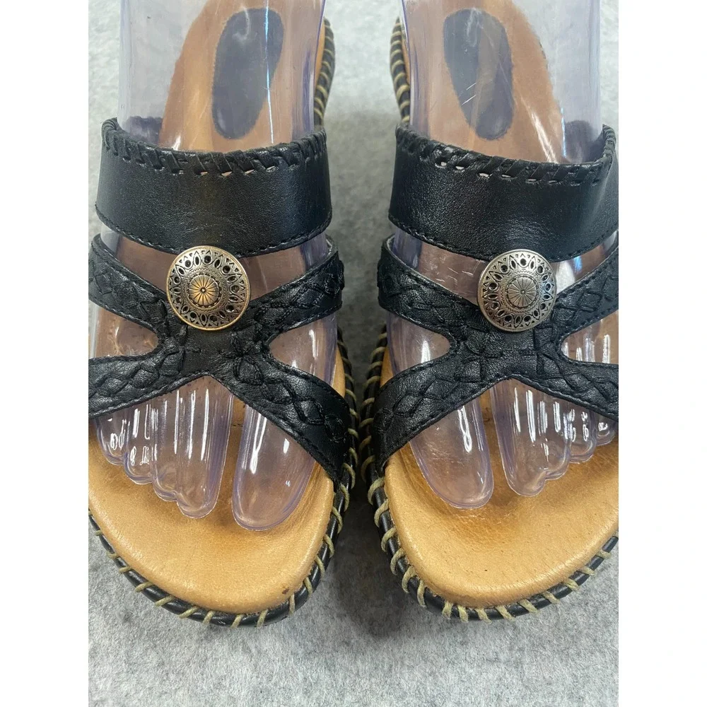 Minnetonka Womens Black Leather Wedge‎ Sandals Strappy Concho Slide Size 6